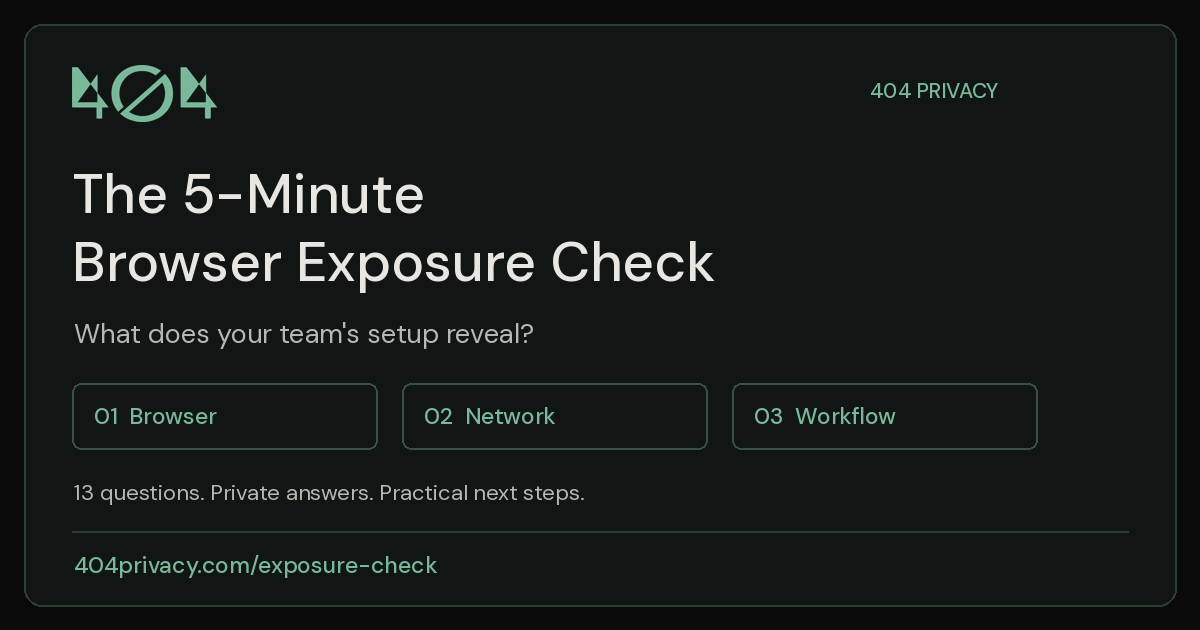 A shareable 404 Privacy card inviting teams to take the 5-minute browser exposure check